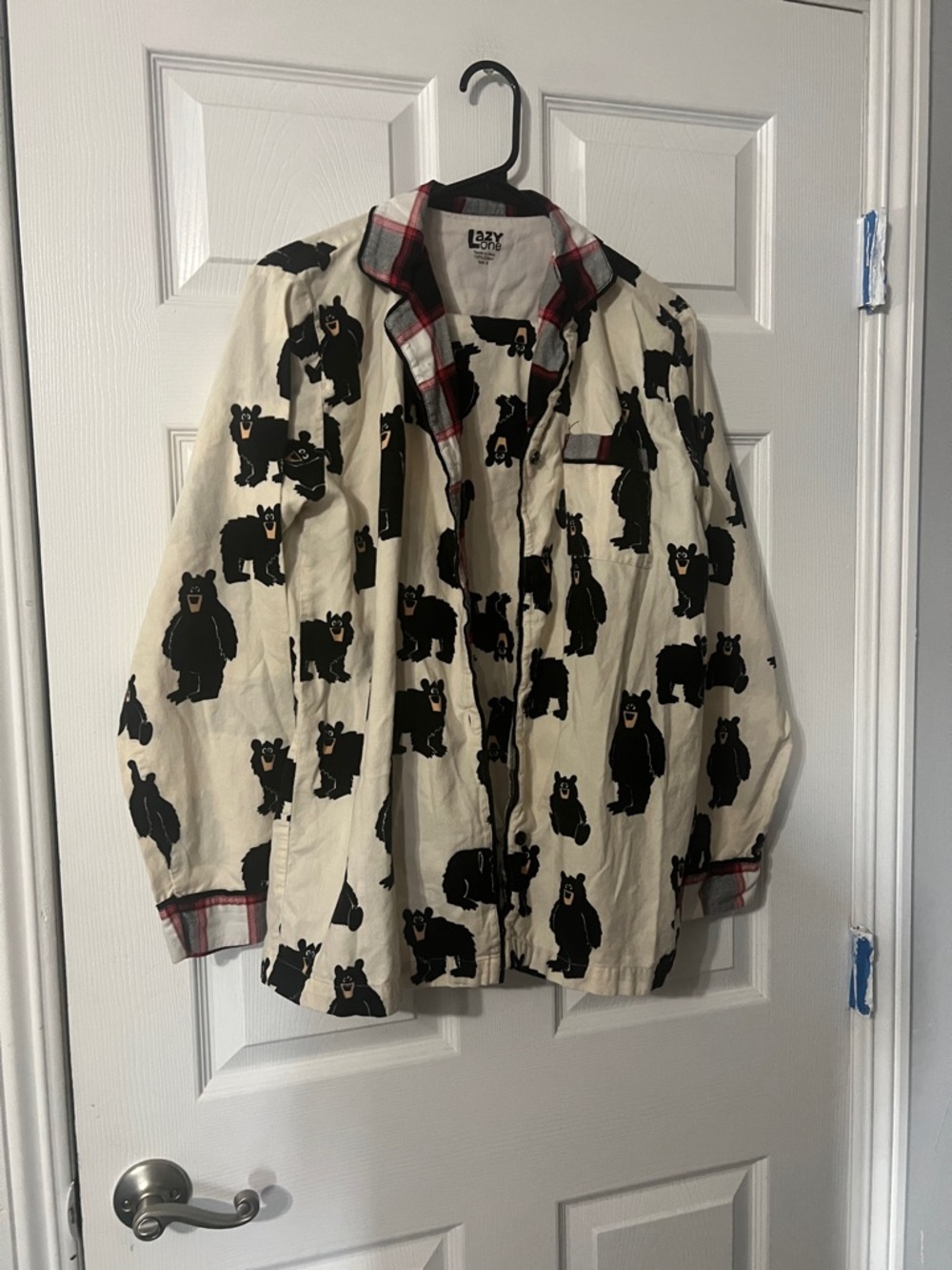 Lazy One Cream Pajama Top with Black Bear Print and Red Plaid Trim